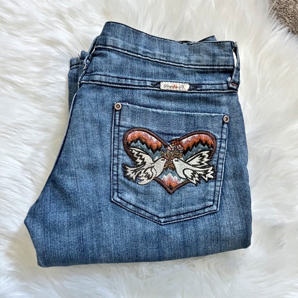 Vintage Y2K Frankie B Doves in Love Embroidered Wide Leg Low Rise Jeans 10 - Picture 5 of 5